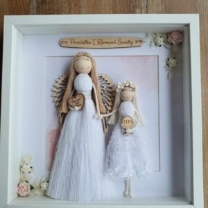 Pamiątka Pierwszej Komunii - Anioł Stróż z dziewczynką w ramce typu gablotka
