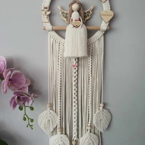 Pamiątka Pierwszej Komunii - Anioł Stróż z makramą i listkami