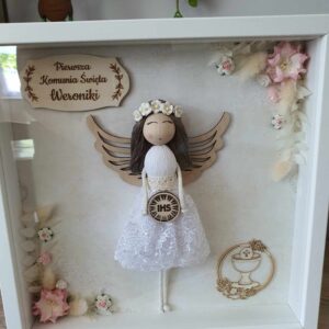 Pamiątka Pierwszej Komunii - Anioł Stróż w ramce typu gablotka