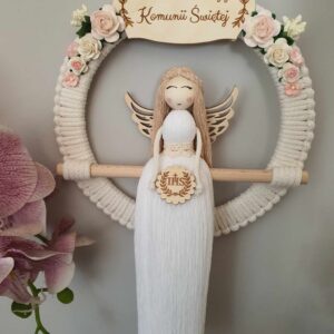 Pamiątka Pierwszej Komunii - Anioł Stróż w obręczy 20 cm z kwiatami