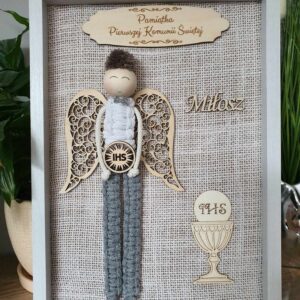 Pamiątka Pierwszej Komunii dla chłopca - Anioł Stróż w dużej ramce