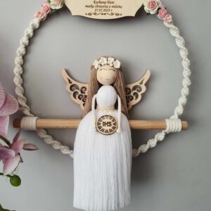 Pamiątka Pierwszej Komunii - Anioł Stróż w spiralnej obręczy z tabliczką