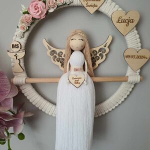 Pamiątka Pierwszej Komunii - Anioł Stróż w obręczy z serduszkami